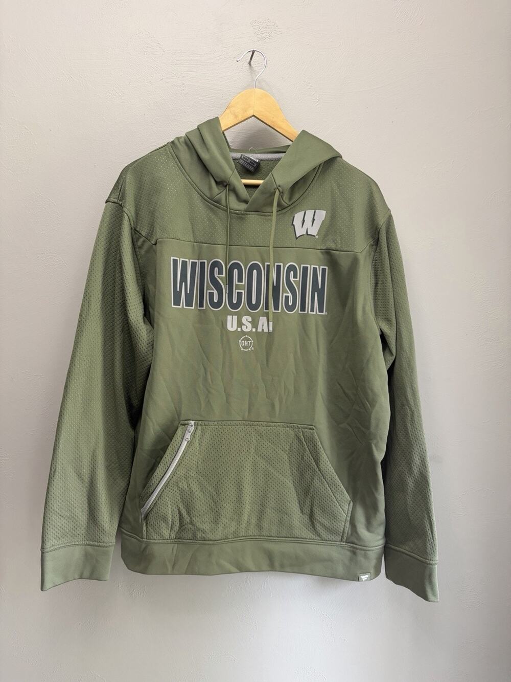 Fanatics Wisconsin Badgers Olive Military Pullover Hoodie Zippered L (0112)